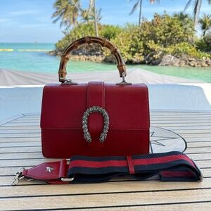 Gucci Moon Calfskin Web Medium Dionysus Bamboo Top Handle Bag Hibiscus Red